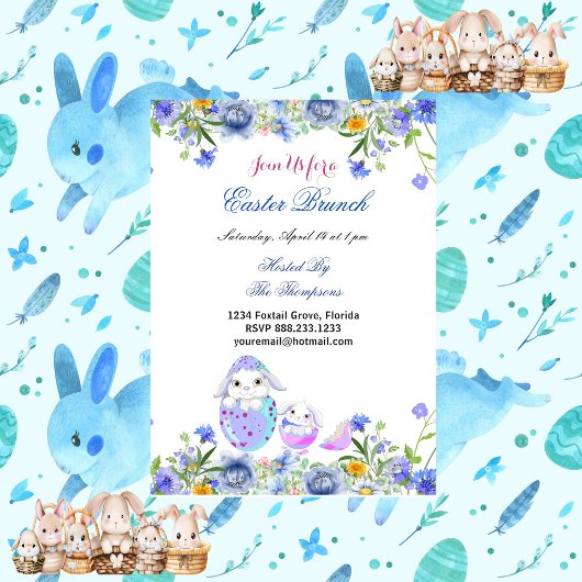 Invitation Brunch de Pâques Oiseaux décoratifs Lapin Floral