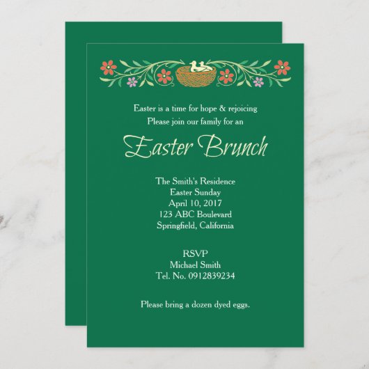 Invitation Brunch de Pâques Vert (Devant / Derrière)