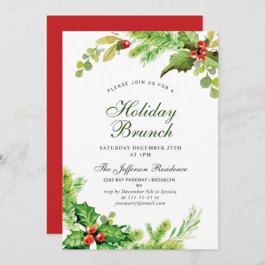 Invitation Brunch de vacances Red Holly Berry Noël (Devant / Derrière)
