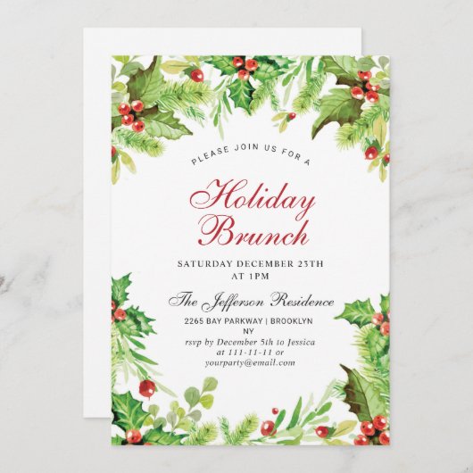 Invitation Brunch de vacances Red Holly Berry Noël (Devant / Derrière)