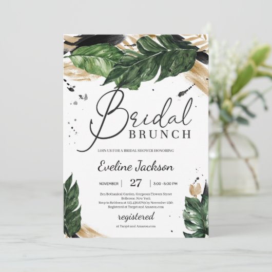 Invitation brunch d'été tropical feuille de boho (Debout devant)
