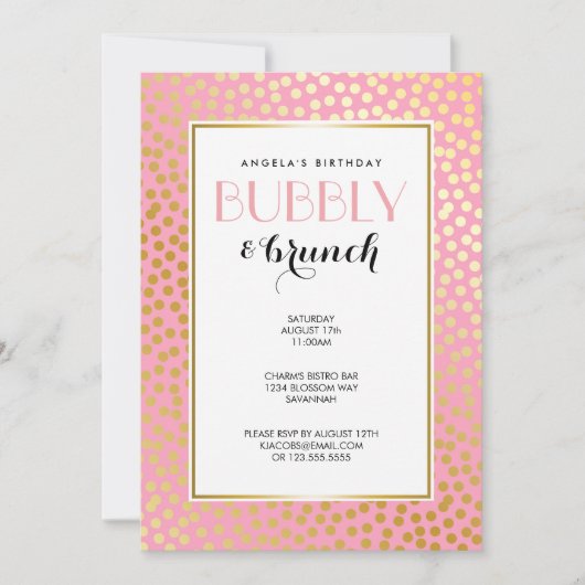 Invitation Brunch d'or rose Pois Confetti moderne (Devant)