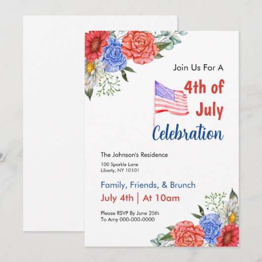 Invitation Brunch du 4 juillet aquarelle (Devant / Derrière)