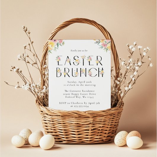 Invitation Brunch élégant de Pâques floral aquarelle