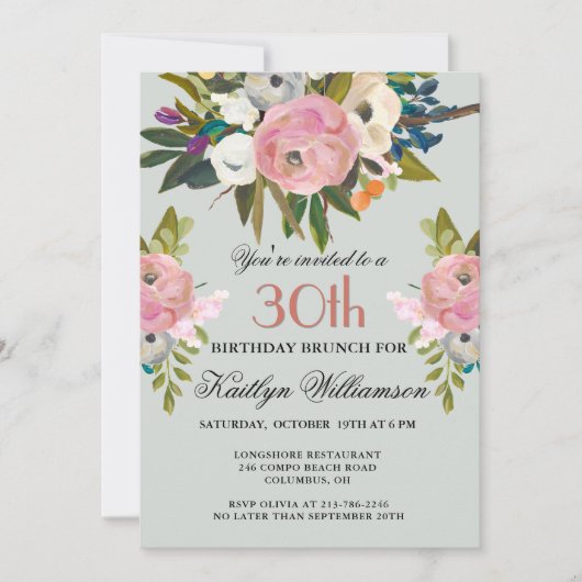 Invitation Brunch Elegant Handpainted Floral 30th Birthday (Devant)