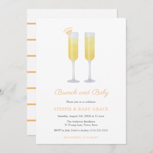 Invitation Brunch et bébé Mimosas Douche ou Sip & See (Devant / Derrière)