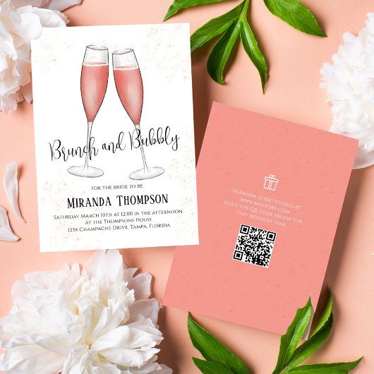 Invitation Brunch et Bubbly Aquarelle Fête des mariées rose