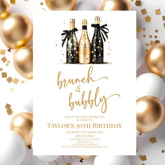 Invitation Brunch et Bubbly Black Gold Birthday Brunch Party