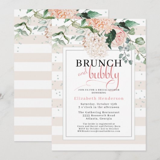 Invitation Brunch et Bubbly Blush Fête des mariées florale ro (Devant / Derrière)
