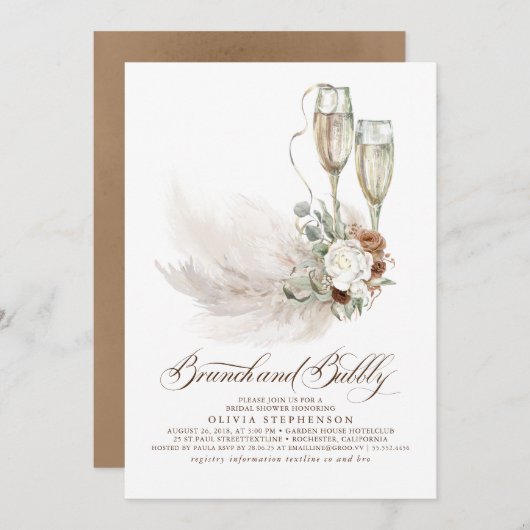 Invitation Brunch et Bubbly Boho Pampas Grass Fête des mariée (Devant / Derrière)