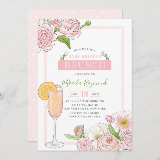 Invitation Brunch et Bubbly | Brunch Baby shower rose (Devant / Derrière)