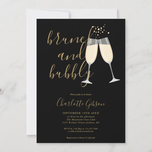 Invitation Brunch Et Bubbly Code QR Or Noir Enterrement de Vi (Devant)