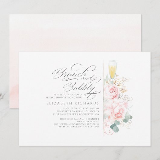 Invitation Brunch et Bubbly Fête des mariées florale rose (Devant / Derrière)