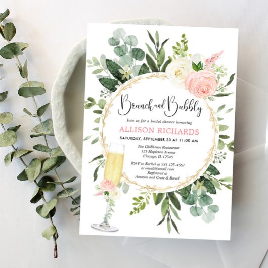 Invitation Brunch et Bubbly rose or verdure douche nuptiale