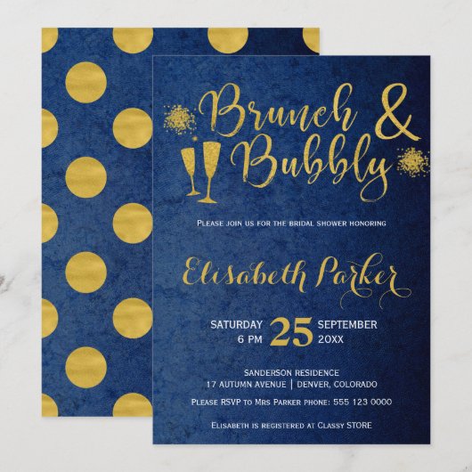 Invitation Brunch et bulle marine glam or nuptiale douche (Devant / Derrière)