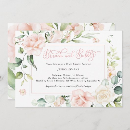 Invitation Brunch et bulle nuptiale douche rose floral (Devant / Derrière)