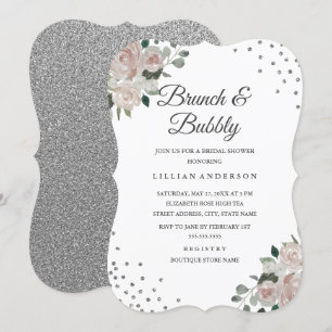 Invitation Brunch et bulles au confetti floral argenté Blush