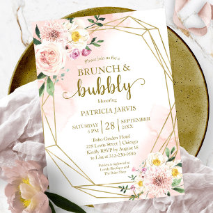 Invitation Brunch et Bulles Mariage Floral Doré et Rose