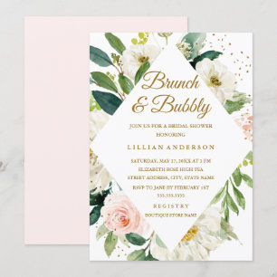 Invitation Brunch et bulles Rose Floral Doré
