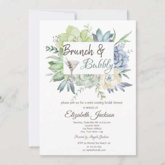 Invitation Brunch et cocktail au Martini Cactus aquarelle et (Devant)