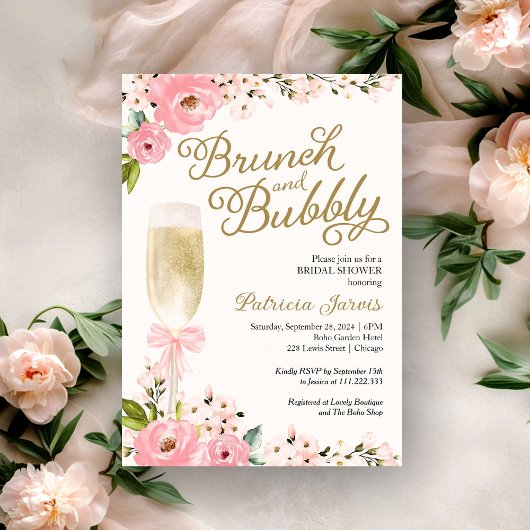 Invitation Brunch Et Fête des mariées Bubbly Or Rose Floral