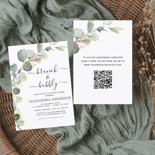 Invitation Brunch et Fête des mariées bulle QR Code Eucalyptu
