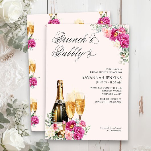 Invitation Brunch et Fête des mariées champagne rose Bubbly