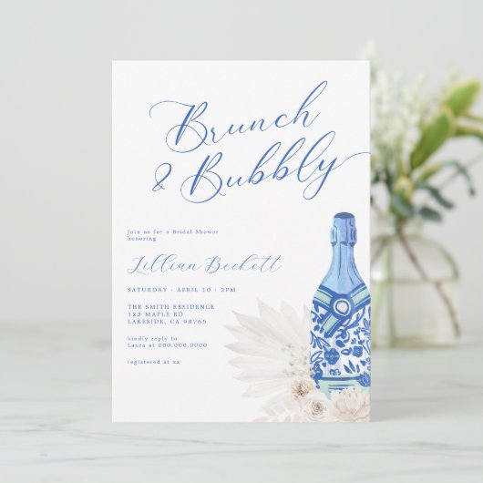 Invitation Brunch et Fête des mariées de script bleu bulle (Debout devant)