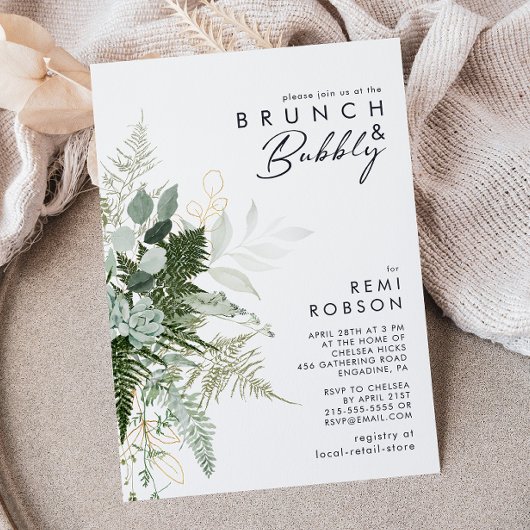 Invitation Brunch et mousseux à feuilles vertes et or