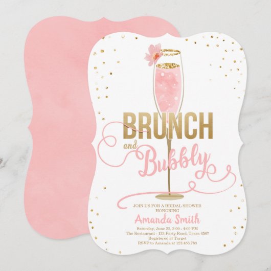 Invitation Brunch & Fête des mariées Bubbly Blush Gold Champa (Devant / Derrière)