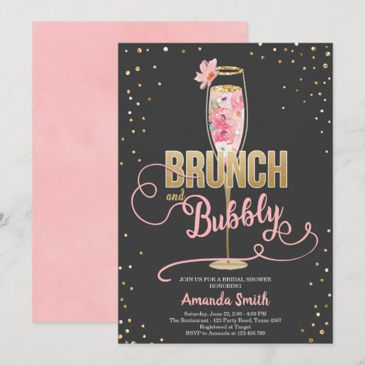 Invitation Brunch & Fête des mariées Bubbly Blush Gold Champa (Devant / Derrière)