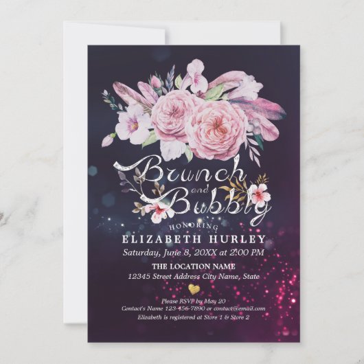 Invitation Brunch & Fête des mariées Bubbly Boho Floral Feath (Devant)