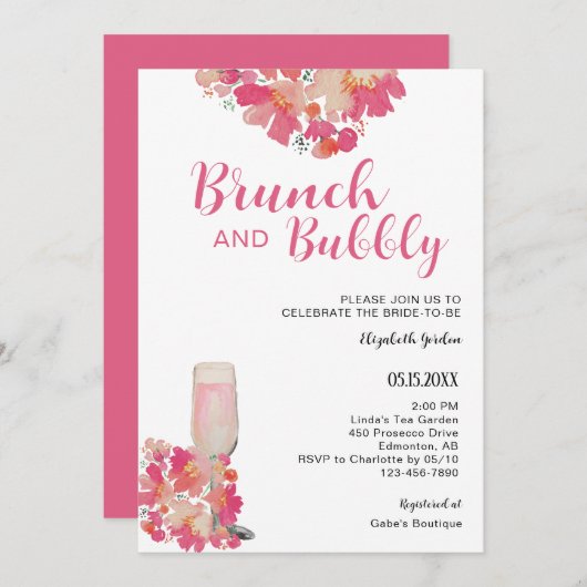 Invitation Brunch & Fête des mariées Bubbly Floral Pink Chic (Devant / Derrière)