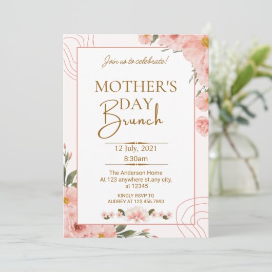 Invitation Brunch Fête des Mères Rose Fleur sauvage Floral (Debout devant)