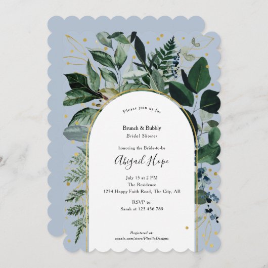 Invitation Brunch feuillage vert bleu roux moderne & Bubbly (Devant / Derrière)