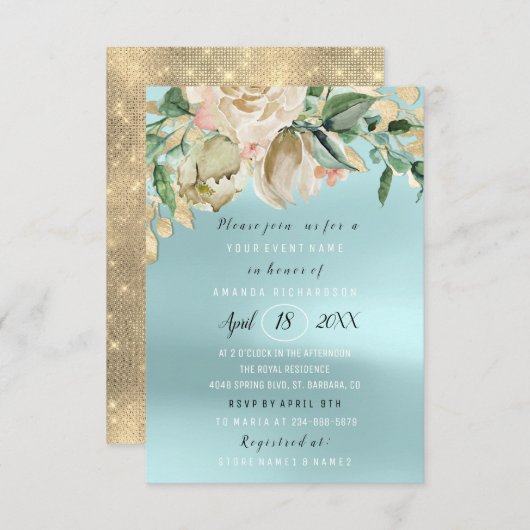 Invitation Brunch Fleurs de Mariage Étincelant Or Bleu (Devant / Derrière)