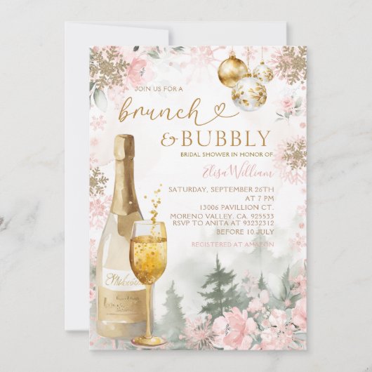 Invitation Brunch Flocons de Neige Roses et Champagne Pétilla (Devant)