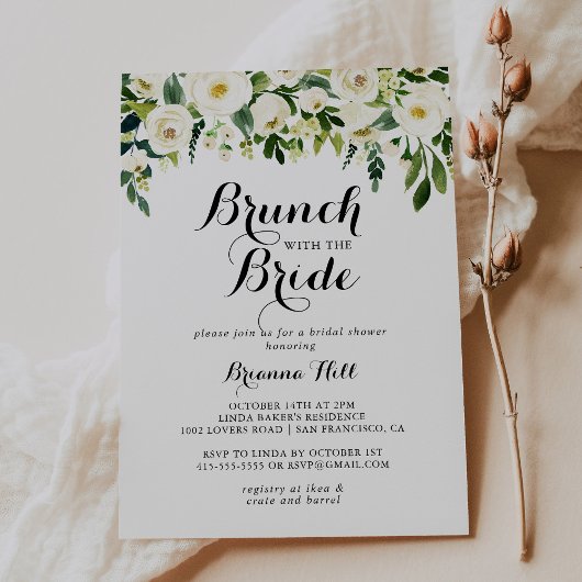 Invitation Brunch floral blanc verdoyant avec douche de marié