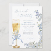 Invitation Brunch floral bleu et verre champagne Bubbly (Devant)