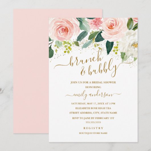 Invitation Brunch Floral Blush Or Et Fête des mariées Bubbly (Devant / Derrière)