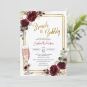 Invitation Brunch Floral De Bourgogne Géométrique Or Et Bubbl (Debout devant)