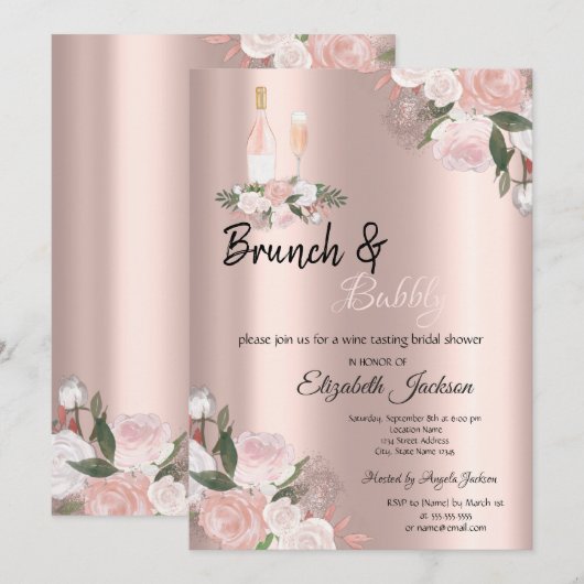 Invitation Brunch floral et Fête des mariées à bulles (Devant / Derrière)