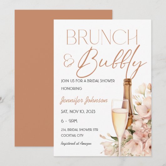 Invitation Brunch floral et Fête des mariées champagne Bubbly (Devant / Derrière)
