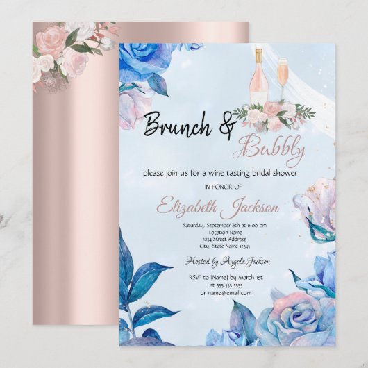 Invitation Brunch floral & Fête des mariées bleu bulle (Devant / Derrière)