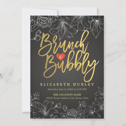 Invitation Brunch Floral Gold & Black & Fête des mariées Bubb (Devant)