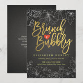 Invitation Brunch Floral Gold & Black & Fête des mariées Bubb (Devant / Derrière)