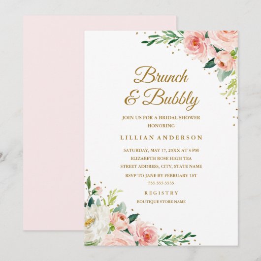 Invitation Brunch Floral Gold Blush Et Fête des mariées Bubbl (Devant / Derrière)