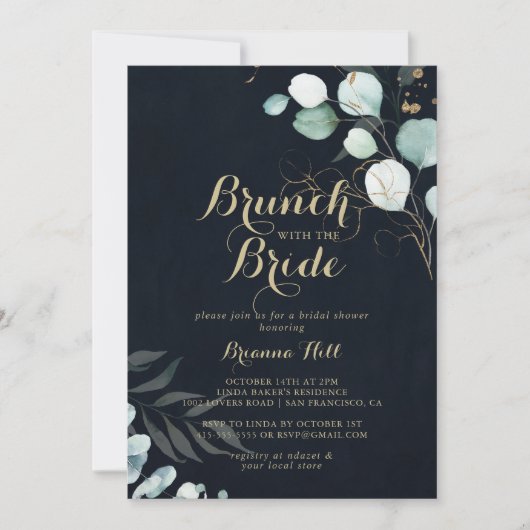 Invitation Brunch Floral or avec douche Blue Bride (Devant)