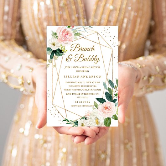 Invitation Brunch Floral Or Blush Et Fête des mariées Bubbly