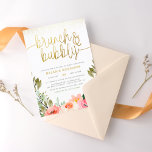 Invitation Brunch Floral Or & Fête des mariées Bubbly<br><div class="desc">Cette invitation à la douche nuptiale Brunch & Bubbly présente un arrangement de fleurs d'aquarelle dans les tons rose et blanc au milieu de verdure luxuriante. "Brunch & Bubbly" est écrit en calligraphie script élégante, avec des tourbillons élégants à chaque extrémité qui atteignent le bord de l'invitation. Vos détails de...</div>